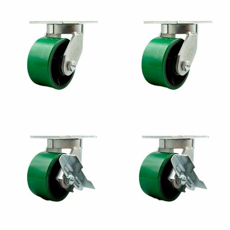 SERVICE CASTER 6'' Heavy Duty Green Poly on Cast Iron Wheel Swivel Caster Set with 2 Brakes, 4PK CRAN-SCC-KP92S630-PUR-GB-2-SLB-2